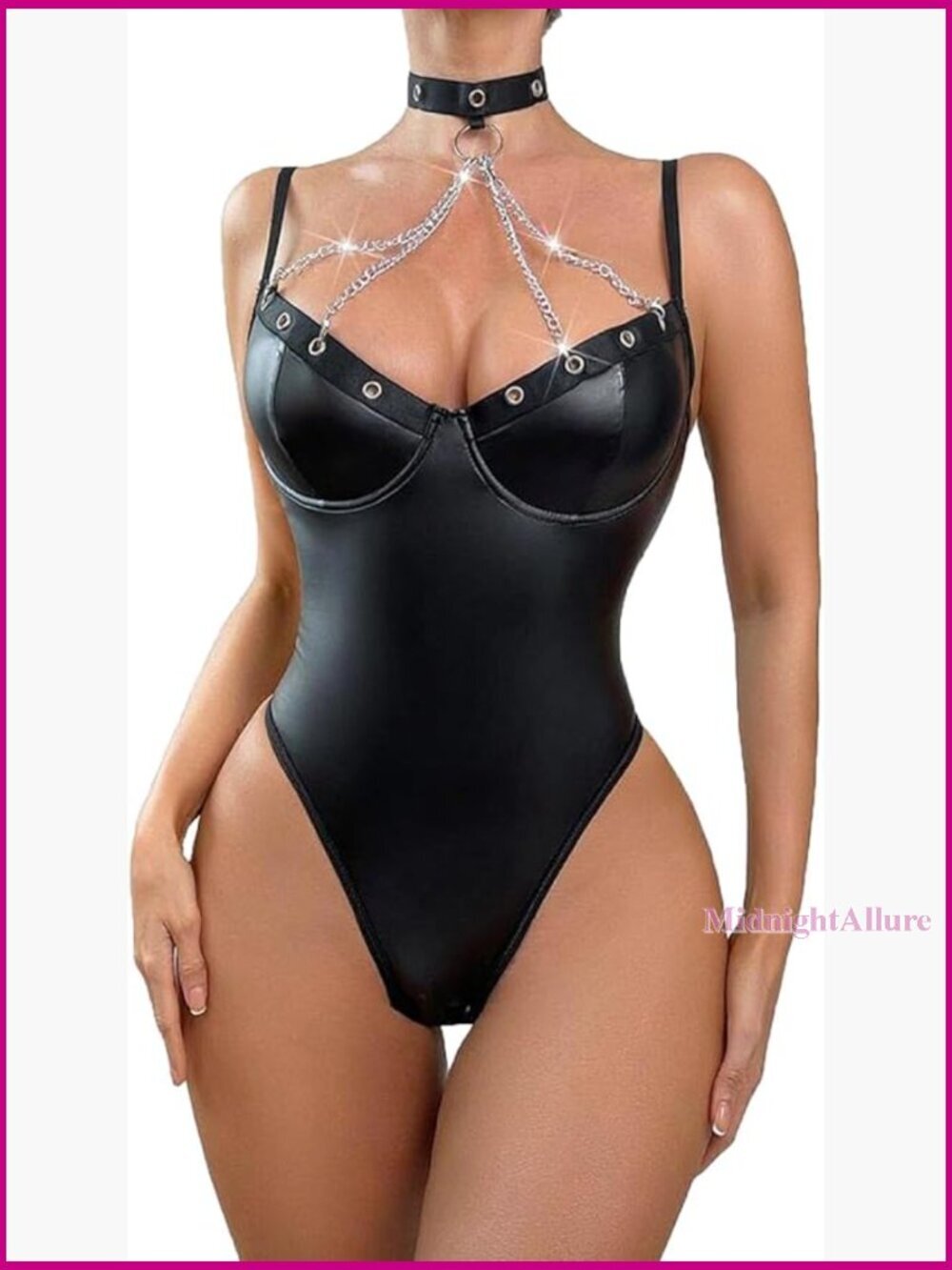 Faux Leather Bodysuit Babydoll Lingerie with Chain Detail V Neck
